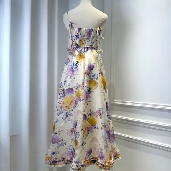 Zimmermann Luna Ruffle Midi Dress Cream Dahlia Floral Bustier A-Line Dress - Picture 3 of 9
